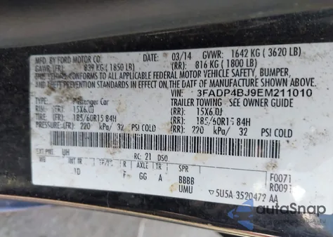 2014 Ford Fiesta Se z USA, uszkodzony, nr VIN 3FADP4BJ9EM211010